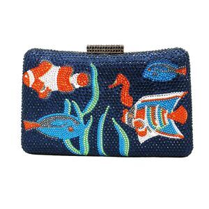 2215 Glitter Fish Pattern Crystal Evening Bag Box Rhinestone Handbag